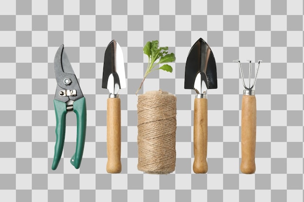 Tuinbouwgereedschappen zoals snoeiers en trouwels voor het planten, geïsoleerd op wit PNG