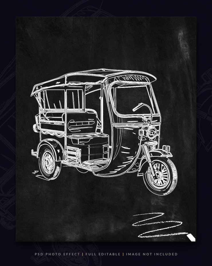PSD tuk-tuk sketch on chalkboard