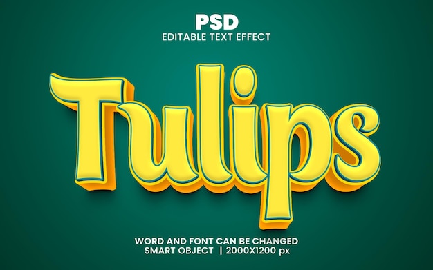 PSD i tulipani fioriscono lo stile dell'effetto di testo di photoshop modificabile 3d con sfondo moderno