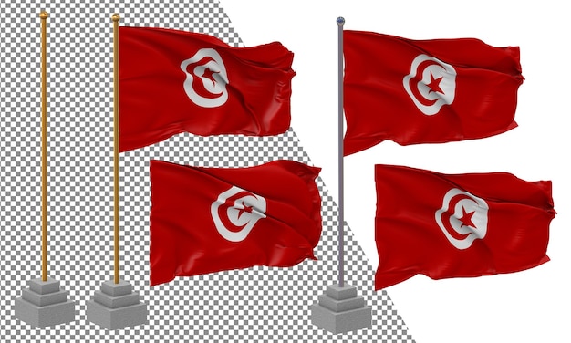 3dレンダリングで分離されたスタンドポールで異なるスタイルのチュニジアの旗を振る