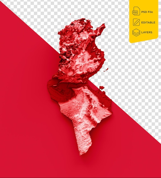 PSD tunisia map with flag colors red and white shaded relief map on red background 3d illustration