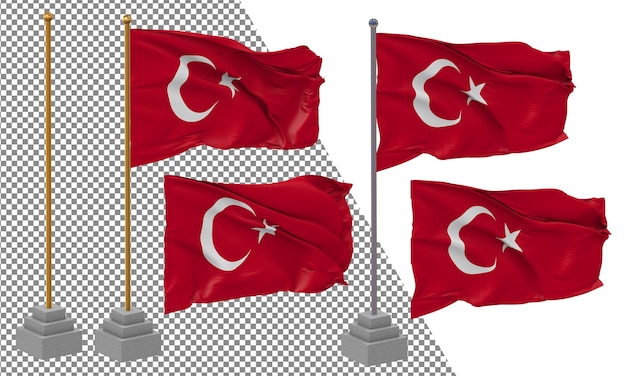 PSD turkey flag waving different style with stand pole isolated 3d rendering