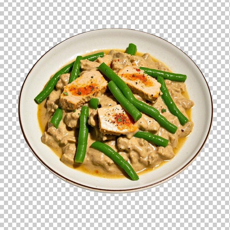 PSD 土耳其斯特羅加諾夫 (turkey stroganoff) 綠豆和調味料在透明的背景上