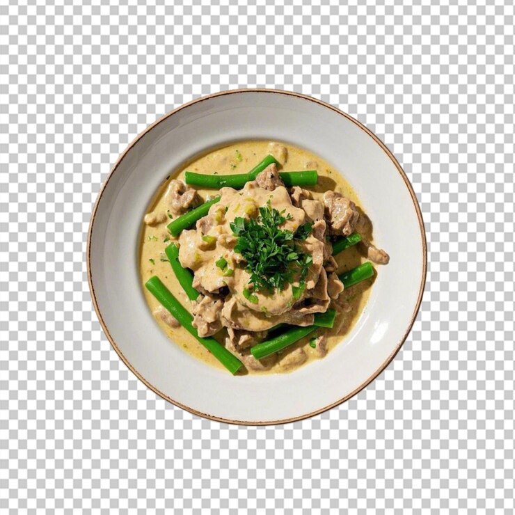 PSD 土耳其斯特羅加諾夫 (turkey stroganoff) 綠豆和調味料在透明的背景上