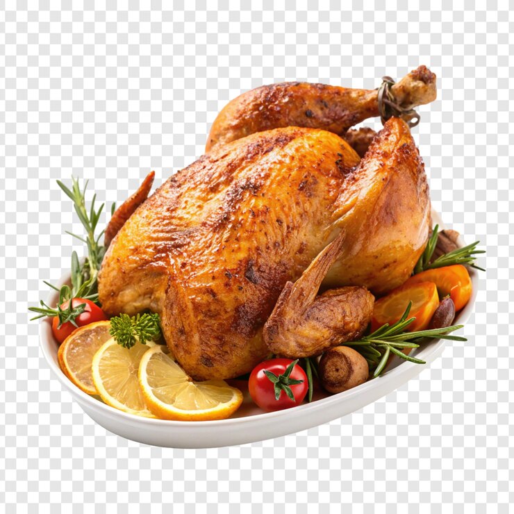 Turkey whole chicken with a plate of vegetables and a lemon
