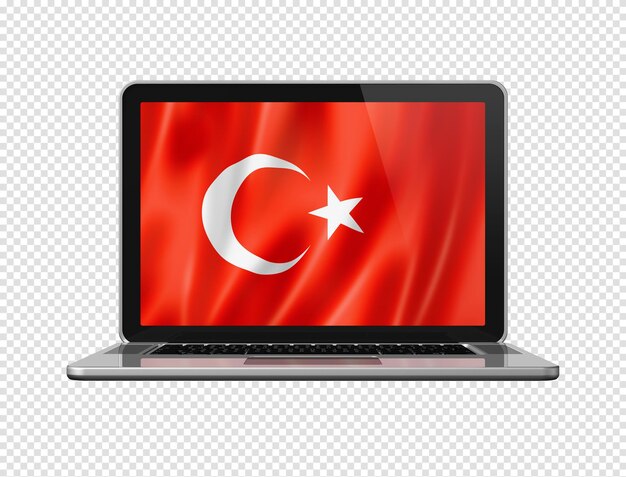 Turkish flag on laptop screen isolated on white 3d illustration