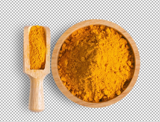 Turmeric powder pile in wood bowl and scoop isolated on alpha layer