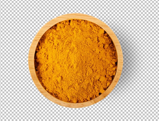 PSD turmeric powder in wood bowl isolated on alpha layer