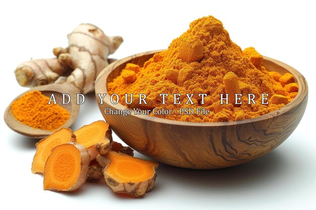 PSD turmeric powder in wooden bowl and fresh turmeric root on white background