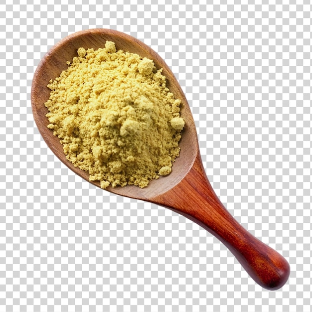 PSD turmeric powder in wooden spoon isolated on transparent background