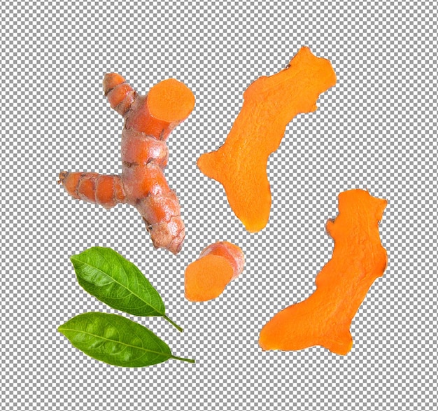 Turmeric with leaf isolated on alpha layer background