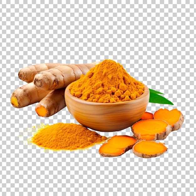 Curcuma con polvere isolata su sfondo trasparente