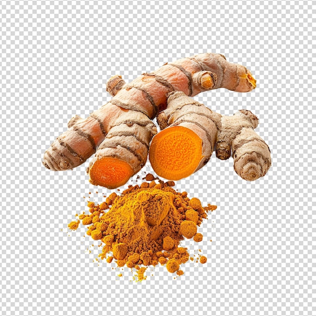 PSD turmeric with powder isolated on transparent background