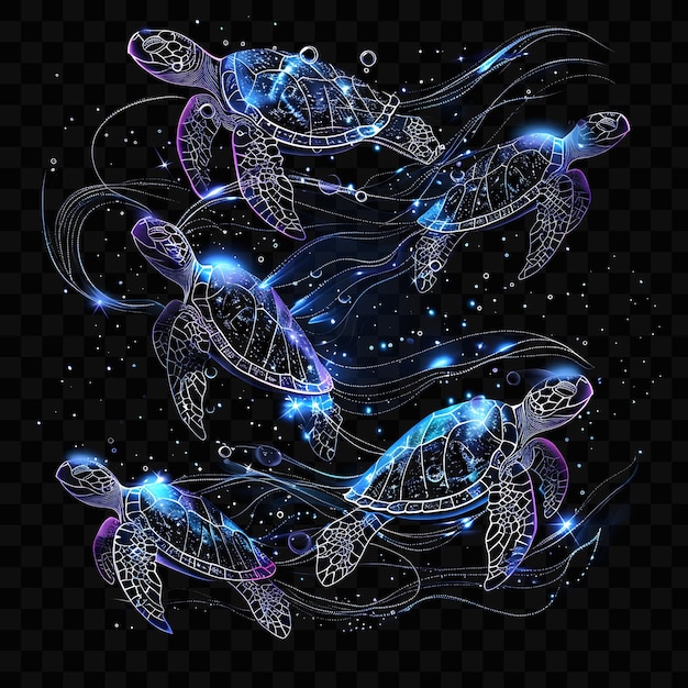 PSD turtle on a black background with stars and a starfish