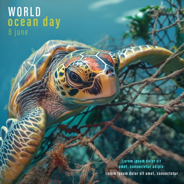 PSD a turtle is stuck in net underwater world ocean day post