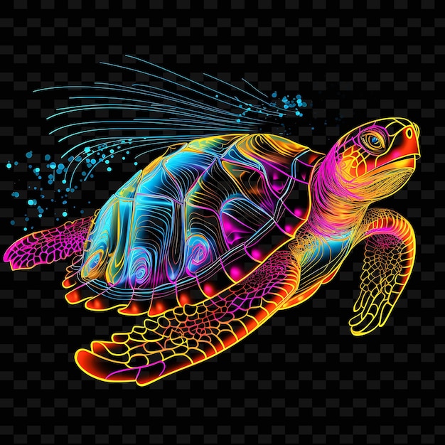 PSD turtle tropical oasis slow moving neon lines seashells shell png y2k shapes transparent light arts