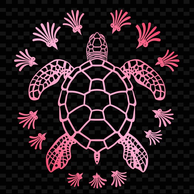 PSD a turtle with pink and pink flowers on a black background