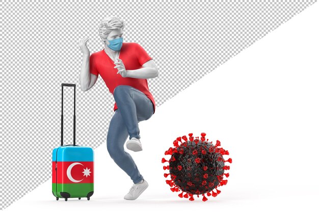 Turysta Podróżujący Do Azerbejdżanu Przestraszony Cząsteczką Wirusa. Koncepcja Pandemii. Renderowanie 3d