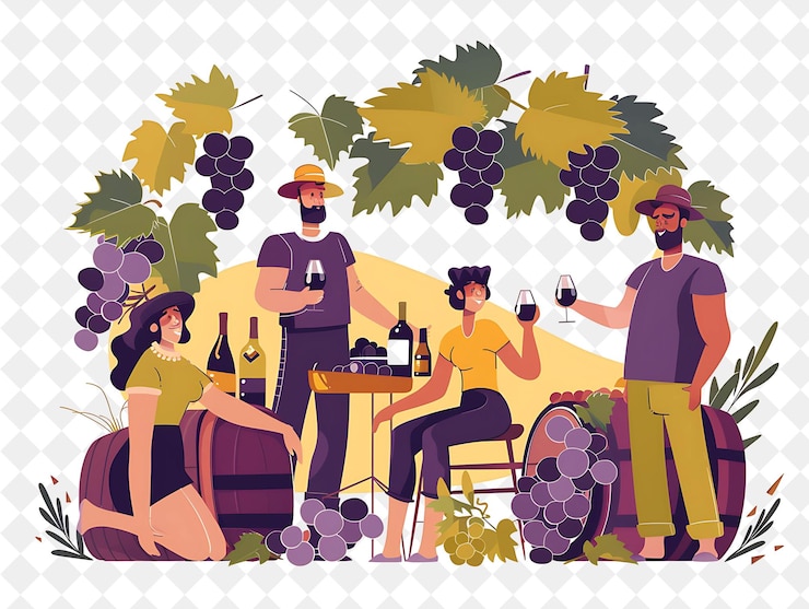 PSD tuscan vineyard with characters having a wine tasting design people life style flat illustration