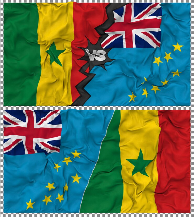 PSD tuvalu versus senegal halve gecombineerde vlag cloth bump texture 3d rendering