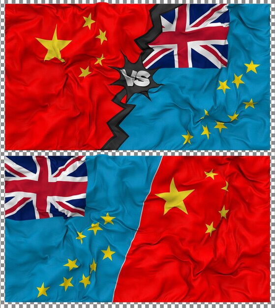 Tuvalu vs China Half Combined Flag Cloth Bump Texture Rendering 3D