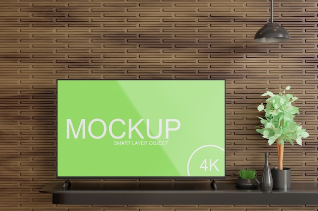 Tv-display mockup op de houten muurtafel