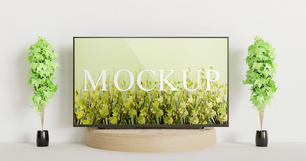 PSD カップルの装飾植物間の木製の表彰台のテレビのモックアップ