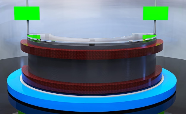 tv news studio, television broadcast room interior 2 with round table and earth globe on screen