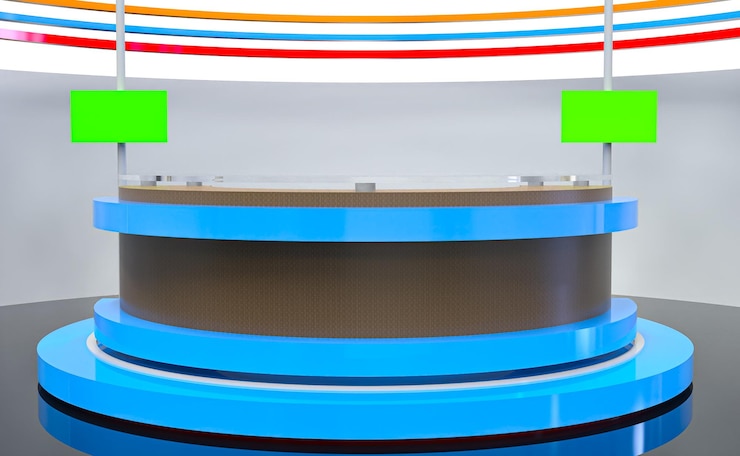 PSD tv news studio, television broadcast room interior 3 with round table and earth globe on screen