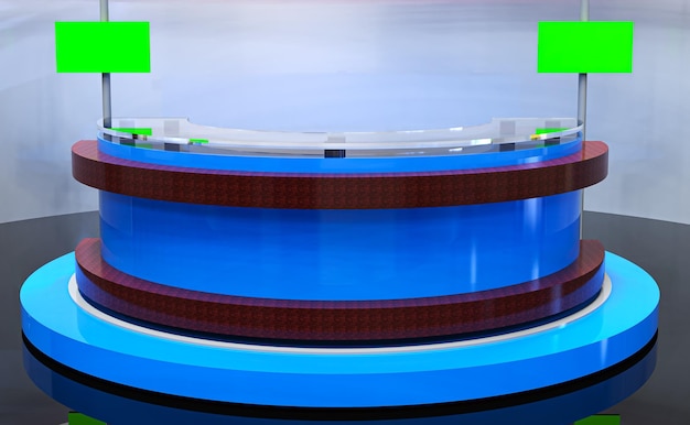 tv news studio, television broadcast room interior 5 with round table and earth globe on screen
