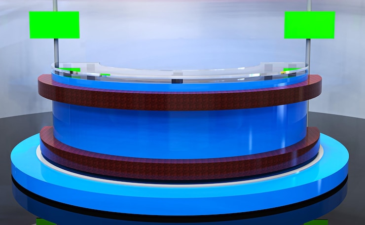 Tv-nieuwsstudio, televisie-uitzendkamer interieur 5 met ronde tafel en aardbol op het scherm