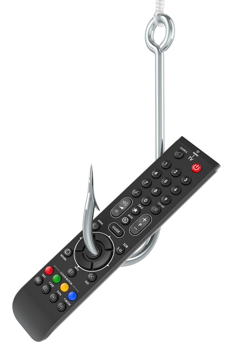 PSD tv remote control on the fishing hook tv dependence and brainwash concept 3d rendering isolated on transparent background