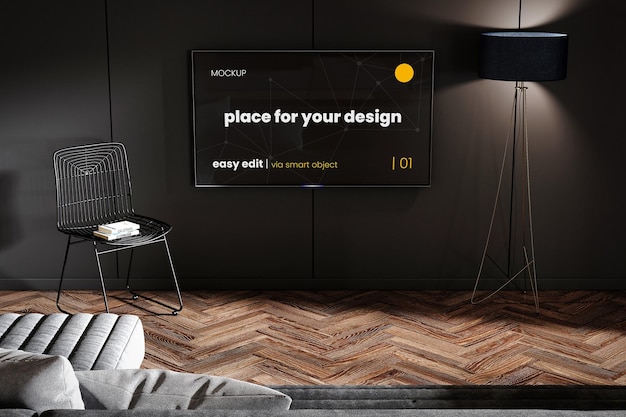 PSD screen tv build in wall mockup 04