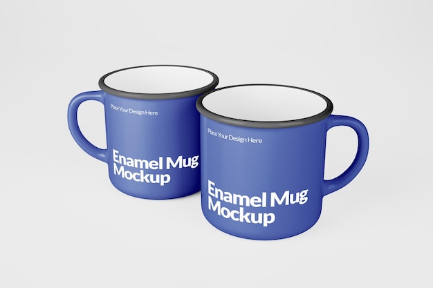 Twee blauwe emalje bekers mockup