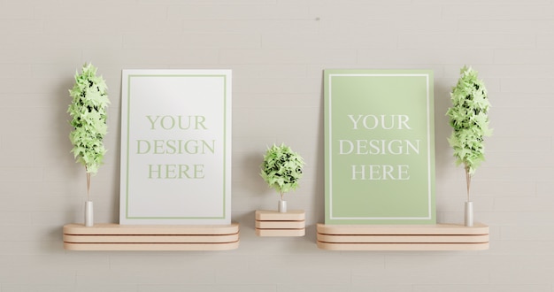 PSD twee canvas mockup staande op de houten muur bureau