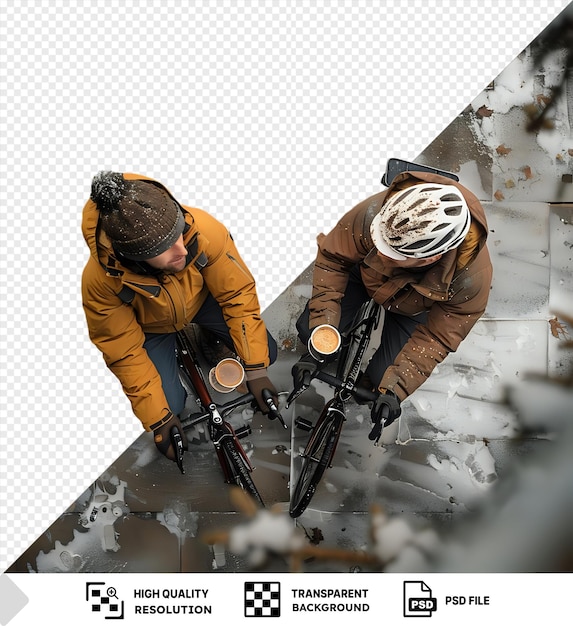 PSD twee fietsers hebben een koffiepauze buiten png.