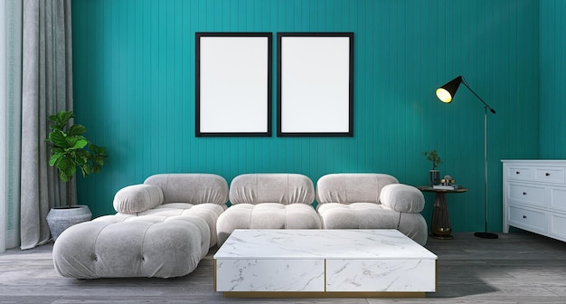 Twee fotolijstjesmodel in modern woonkamerinterieur met bank, groene achtergrond, tafel