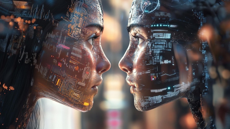 PSD twee futuristische vrouwen staan tegenover elkaar. hun gezichten zijn bedekt met digitale gegevens.