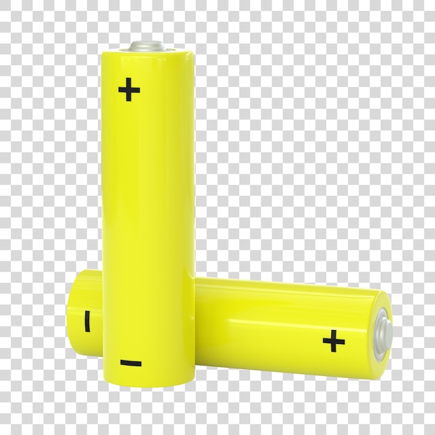 Twee gele AA-formaat batterijen geïsoleerd op een witte achtergrond 3D render illustratie