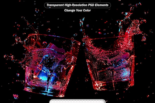 PSD twee glanzende rotsen glazen klinken met bubbels en grote spetteringen op zwarte achtergrond