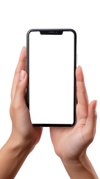 Twee handen die een smartphone met een wit scherm vasthouden communicatie- en technologieconcept