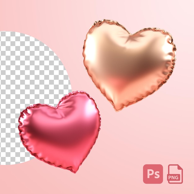 PSD twee hartballonnen geïsoleerd op een transparante achtergrond uitgesneden object in 3d illustratie