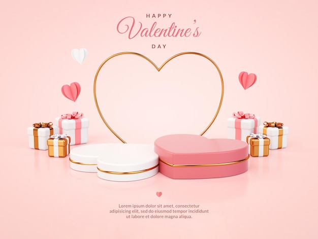 Twee hartvormige sokkelpodia en geschenken voor valentijnsdagbanner in 3d-rendering
