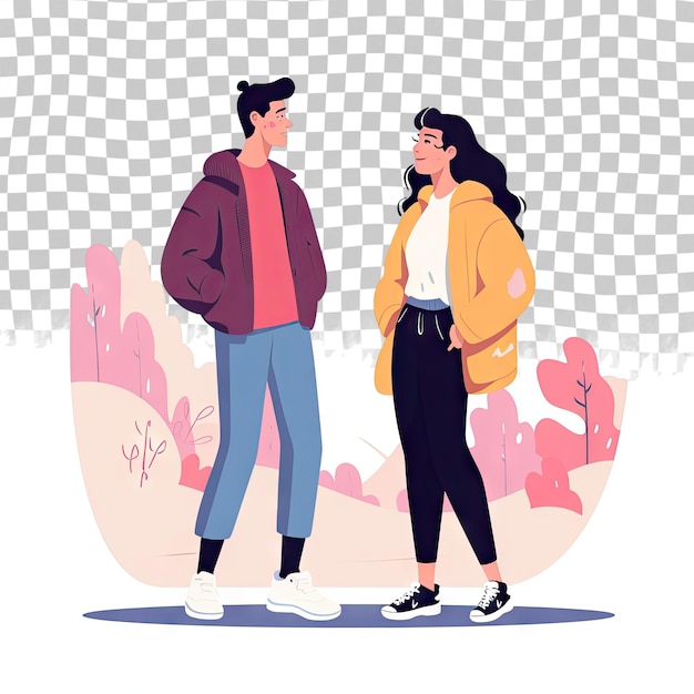 Twee jonge mensen staan in stilte en kijken elkaar in de ogen. Een trendy tienerpaar kijkt elkaar aan. Een kleurrijke platte vectorillustratie geïsoleerd op een transparante achtergrond.