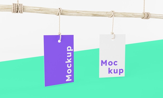 PSD twee labeltags hangen aan lussen op hout met touwen realistisch voor mockup