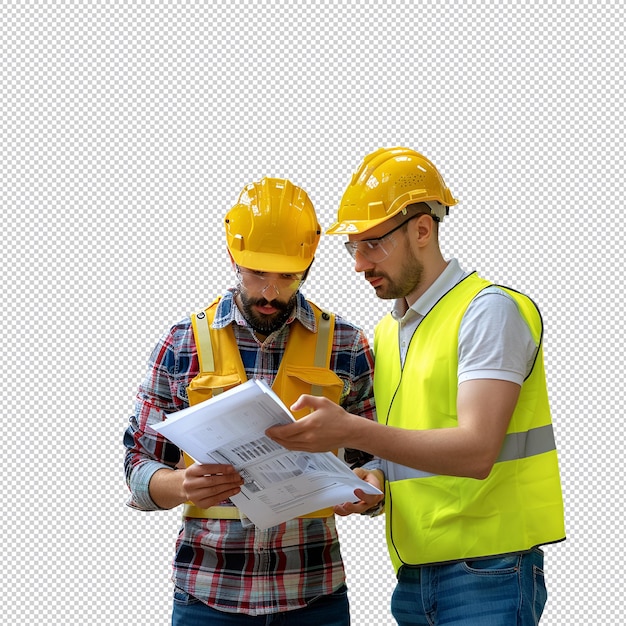 Twee mannen met gele helm. Eén met een vest met de tekst " voorzichtig. "