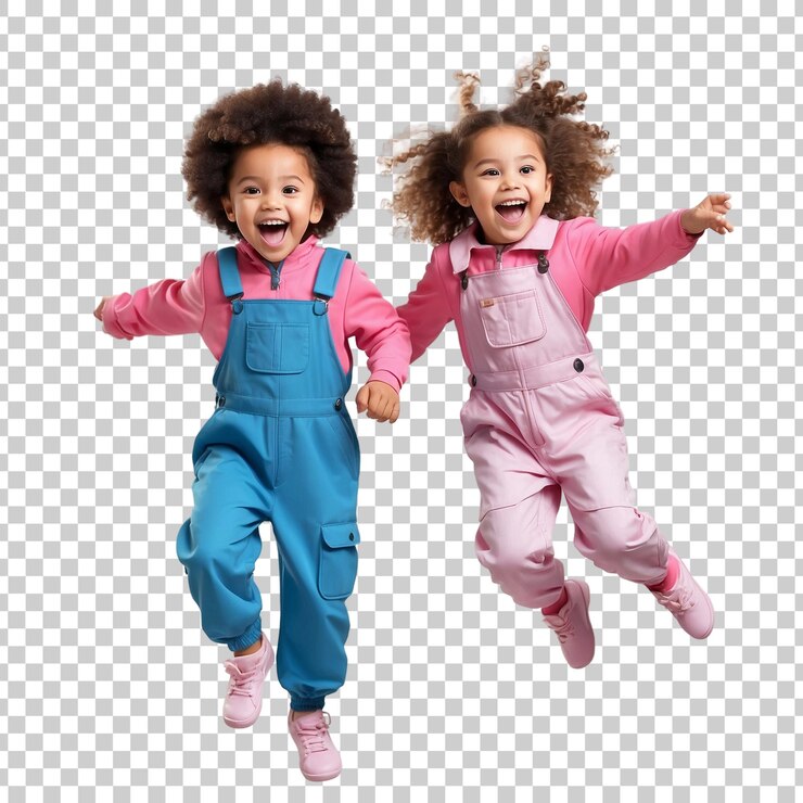 PSD twee meisjes in roze en blauwe jumpsuits waarvan er een het woord gelukkig op heeft