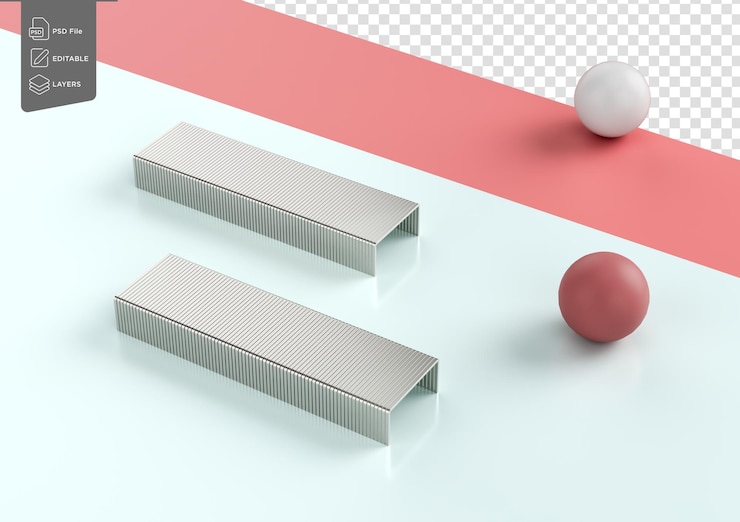 PSD twee parallelle metalen stapelpinnen blokken rusten op een gespleten lichtblauw en roze oppervlak 3d-illustratie