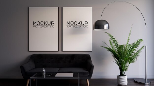 Twee posterframes mockup met zwarte bank in 3D-rendering