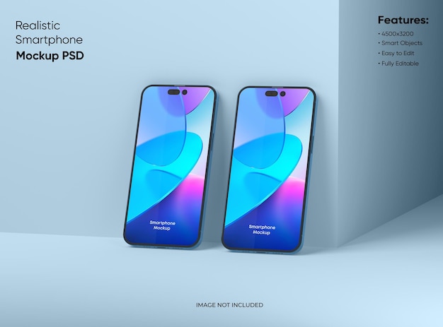 Twee smartphones 14 pro max mockup voor app en website UI-branding 2 telefoons aan de voor- en achterkant 3D renderen